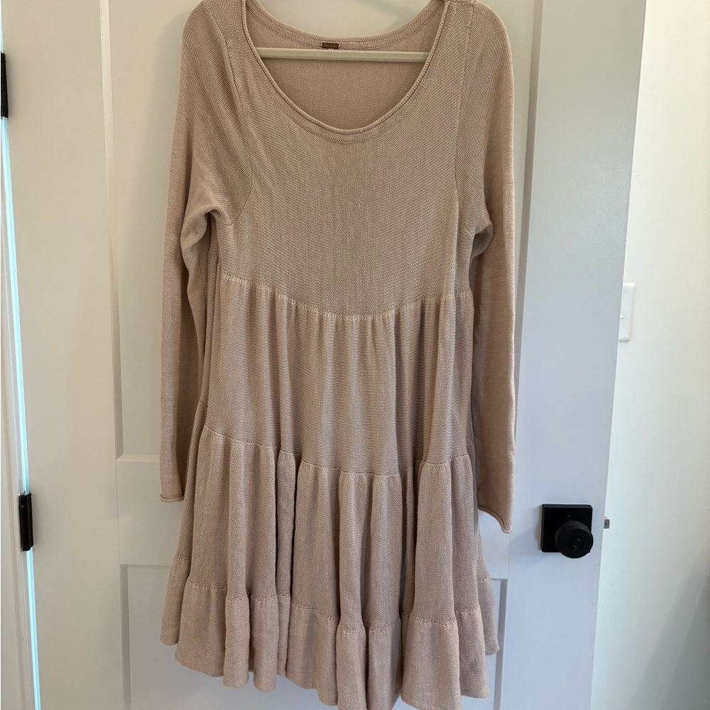 FREE PEOPLE Cotton Blend Knit Tiered Beige Sweater Long Sleeve Dress